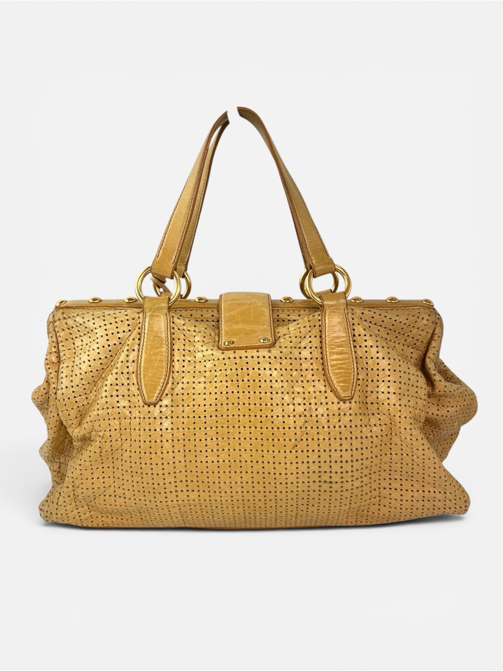Miu Miu Perforated Gold-Tan Leather Satchel - Picture 2 of 12